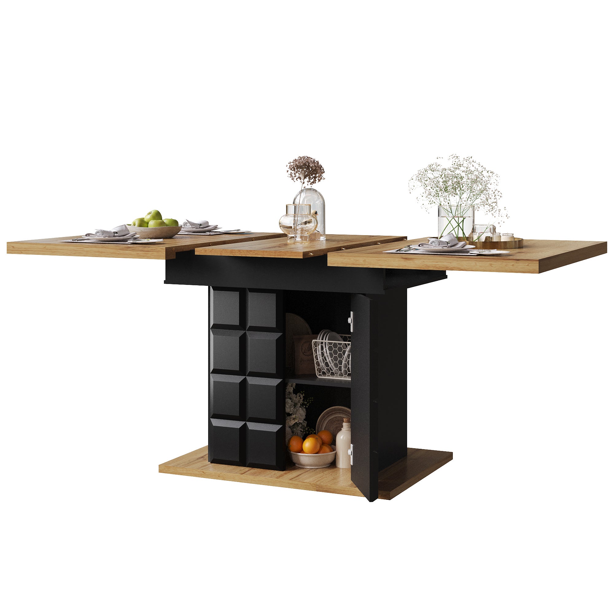 Table à manger extensible 4 à 6 couverts avec 2 portes - 110/140 x 80 x 75 cm - MDF - Noir + naturel - 8