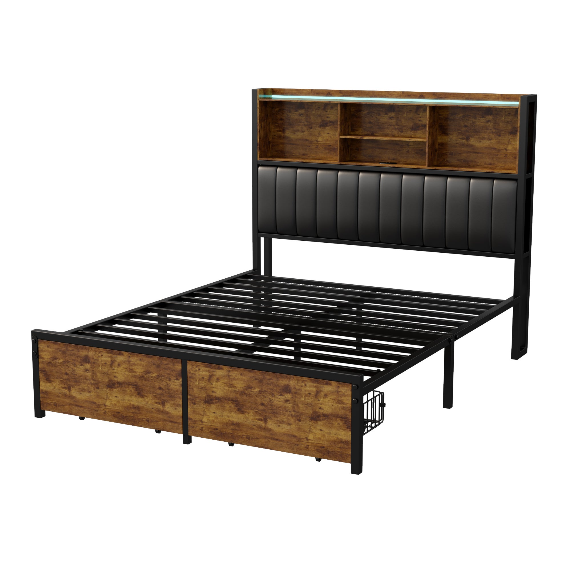 Lit double 160x200 cm avec LED, cadre métal, 2 tiroirs, tête avec rangement, sommier lattes - 8