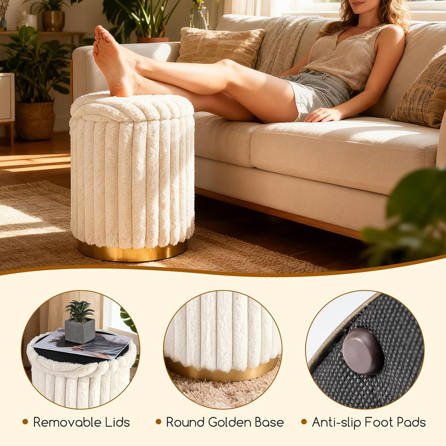 Pouf Repose-pieds Rembourré en Poils de Lapin avec Couvercle Amovible et Conteneur Caché Tabourets Empilables pour Salon et Chambre à Coucher, Beige - 5