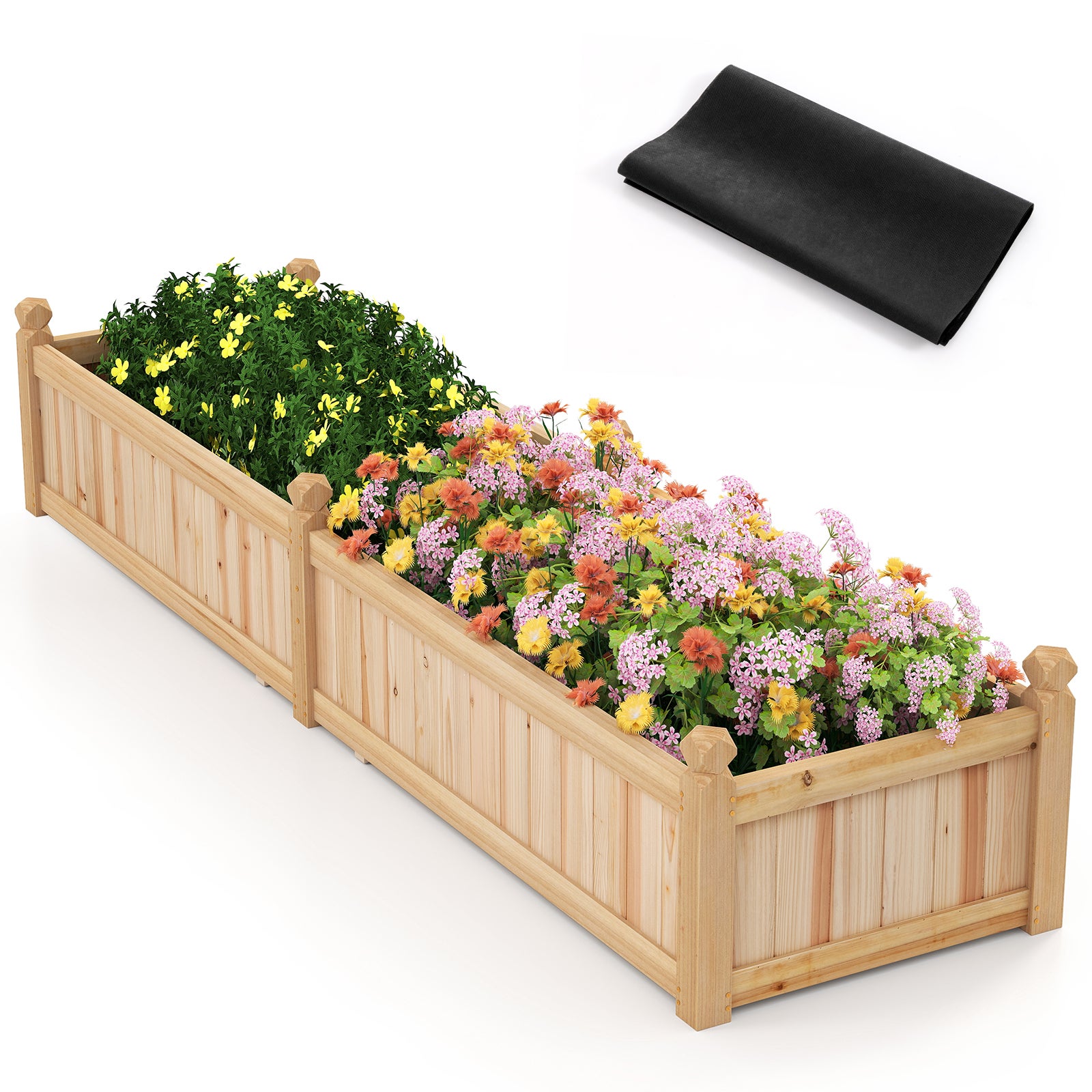 Donica Ogrodowa z Drewna Jodłowego, 2 Przegródki, 227 x 59,5 x 40 cm, Wyjmowane Dno, Warstwa Materiałowa, 8 Otworów Drenażowych na Kwiaty (Naturalna)