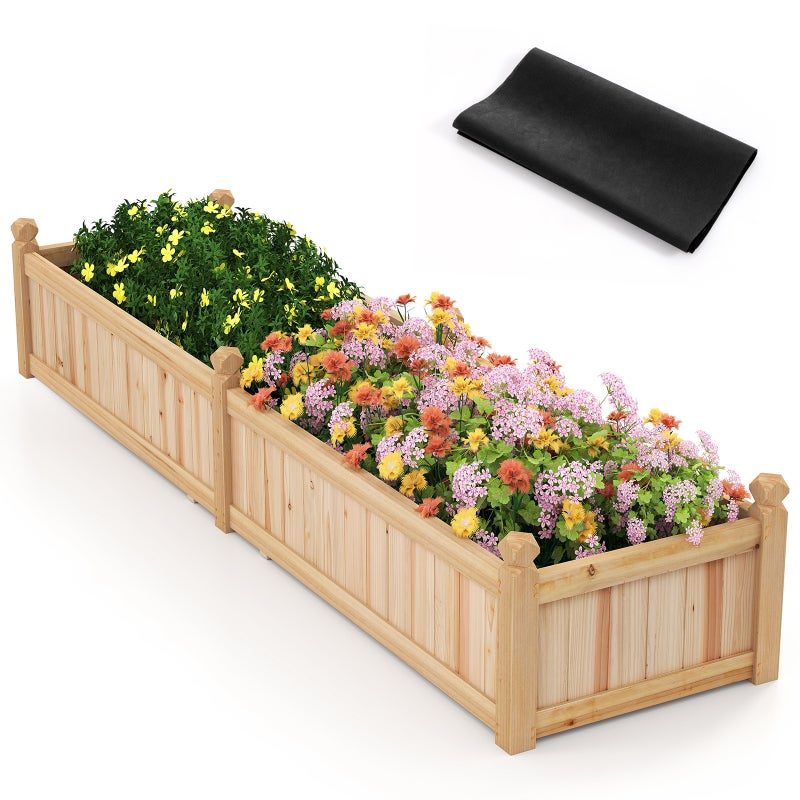 Donica Ogrodowa z Drewna Jodłowego, 2 Przegródki, 227 x 59,5 x 40 cm, Wyjmowane Dno, Warstwa Materiałowa, 8 Otworów Drenażowych na Kwiaty (Naturalna)