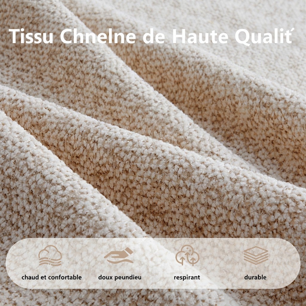 Canapé Modulable 3 Places en L avec Pouf, Canapé Sans Cadre en Mousse 32D, Assise Profonde, Salon, Tissu Velours Côtelé, Beige Blanc - 9