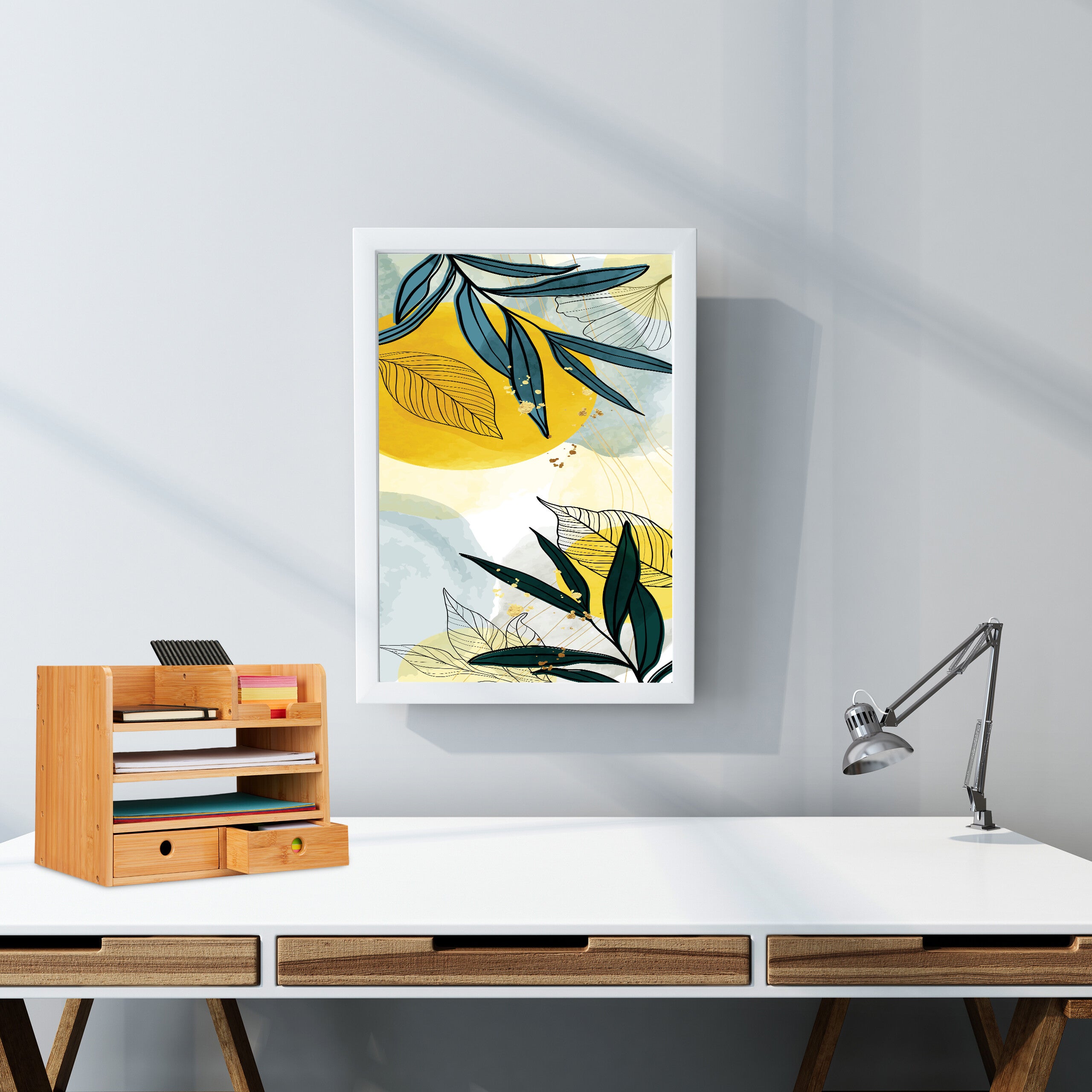 Organisateur de bureau en bambou et MDF, 2 tiroirs et 5 compartiments, 26,5 x 33 x 24 cm, naturel, Relaxdays - 5