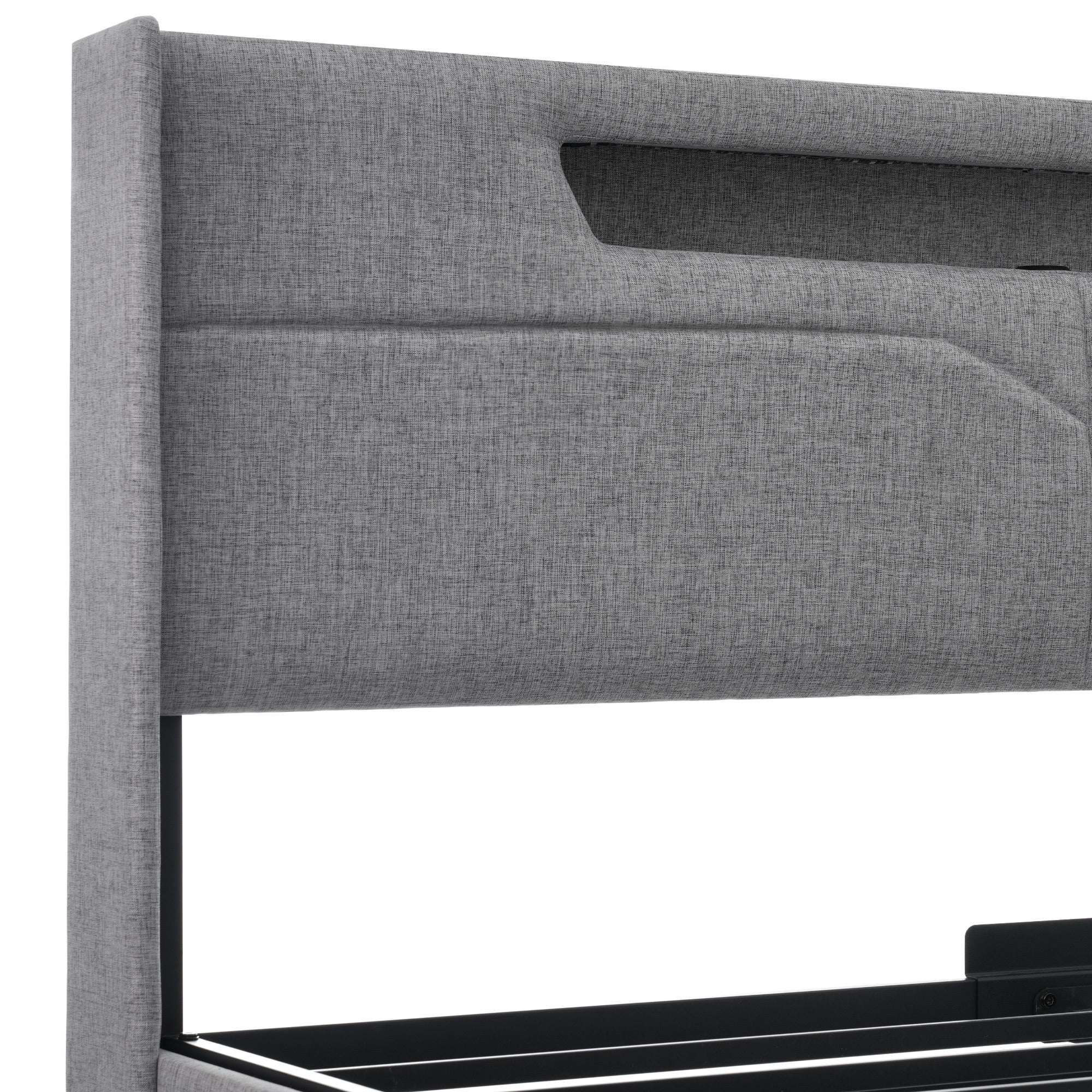 Lit coffre 160x200 lin gris LED USB Type-C, cadre métal, rangement hydraulique moderne - 5