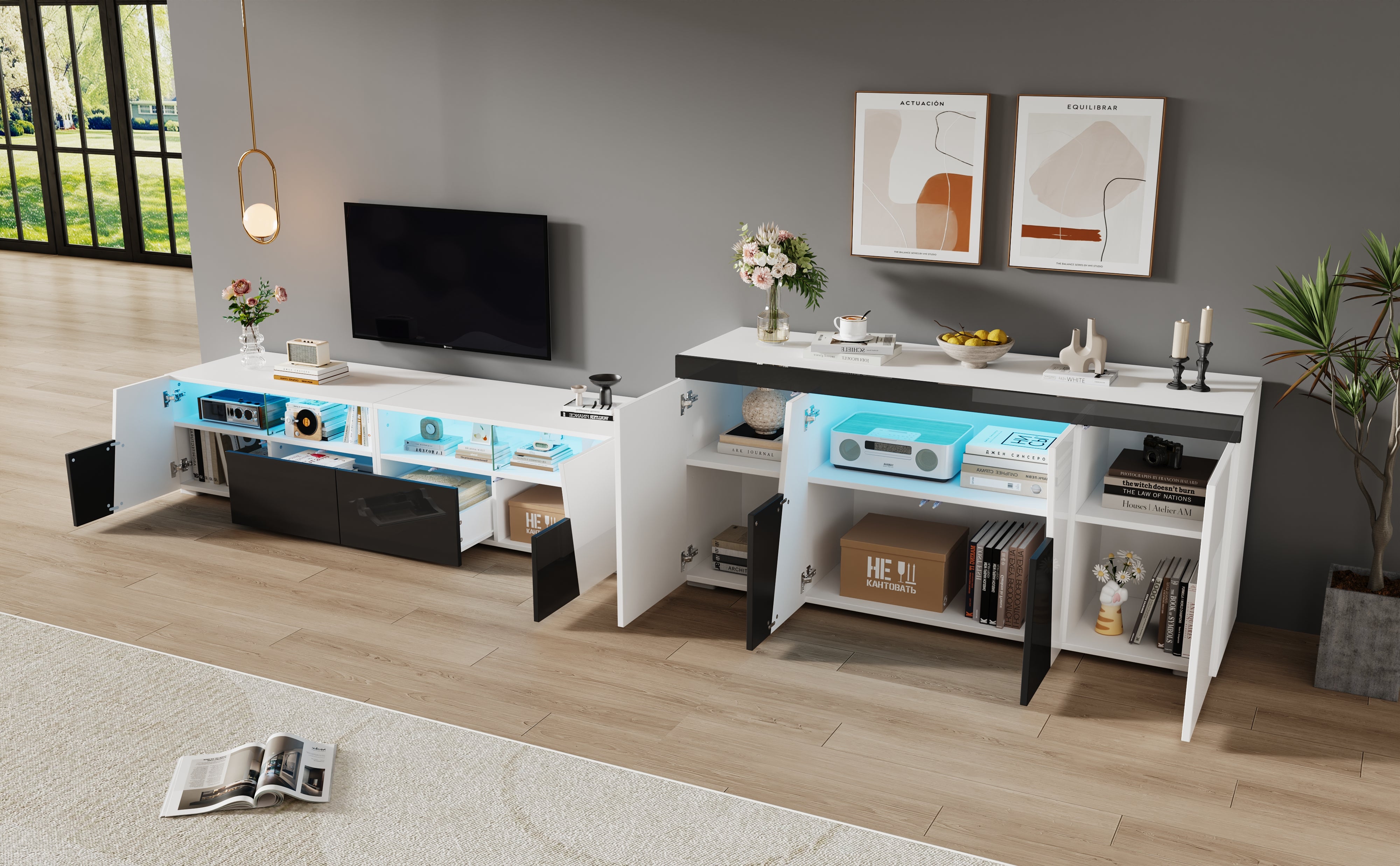 Szafka RTV z 2 drzwiami i 2 szufladami + niska komoda z 4 drzwiami - 180x38,5x45 cm + 140x40x65 cm - diody LED - Płyta wiórowa - Kolor biały + czarny - 5