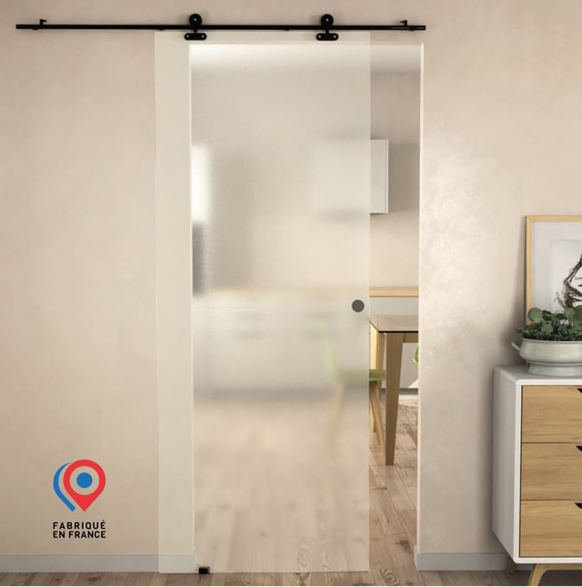 KIT Porte en verre + Rail coulissant - SABLE - H. 204 x L. 93 cm - Fabrication Française AURYS NORMANDIE
