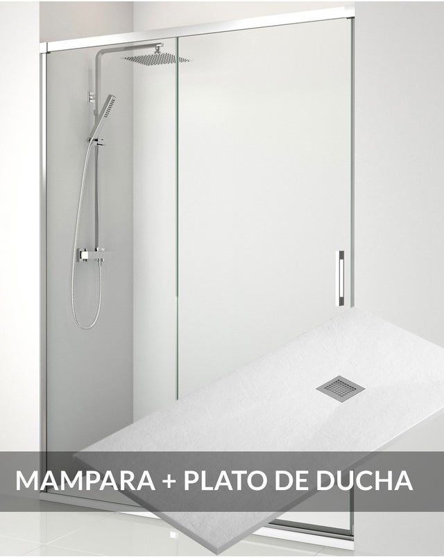 Porta de duche frontal deslizante 1 porta 1 fixa com base de duche Branco 140 X 80 cm | Perfil preto mate 140 cm