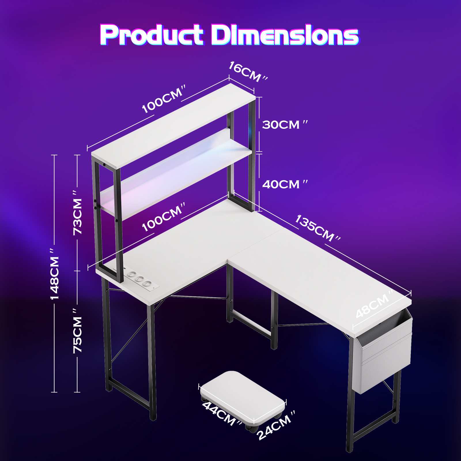 Scrivania angolare L 135 cm con LED e prese, scrivania gaming doppia con scaffali, supporto PC, ganci e tasca portaoggetti per casa e ufficio - 3