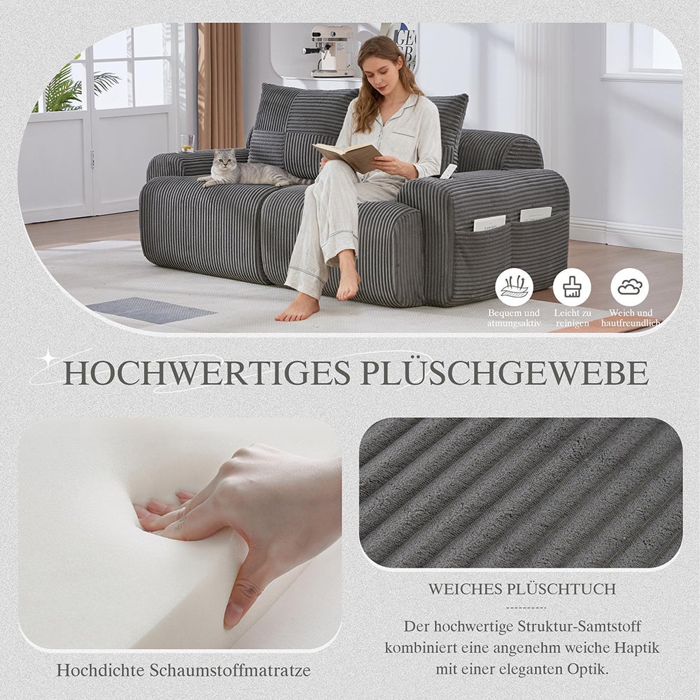 Canapé 2 places 200 cm - Canapé modulable avec accoudoirs - Porte-gobelets - Sans montage - Tissu velours côtelé - Gris foncé - 4