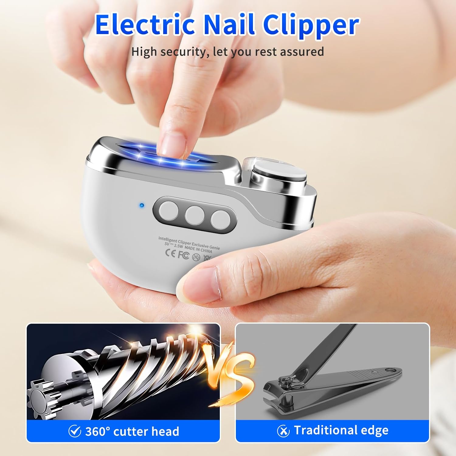Coupe-ongles intelligent à 3 vitesses réglables pour personnes âgées -rechargeable par USB avec lumière LED et compartiment de récupération des débris - 2