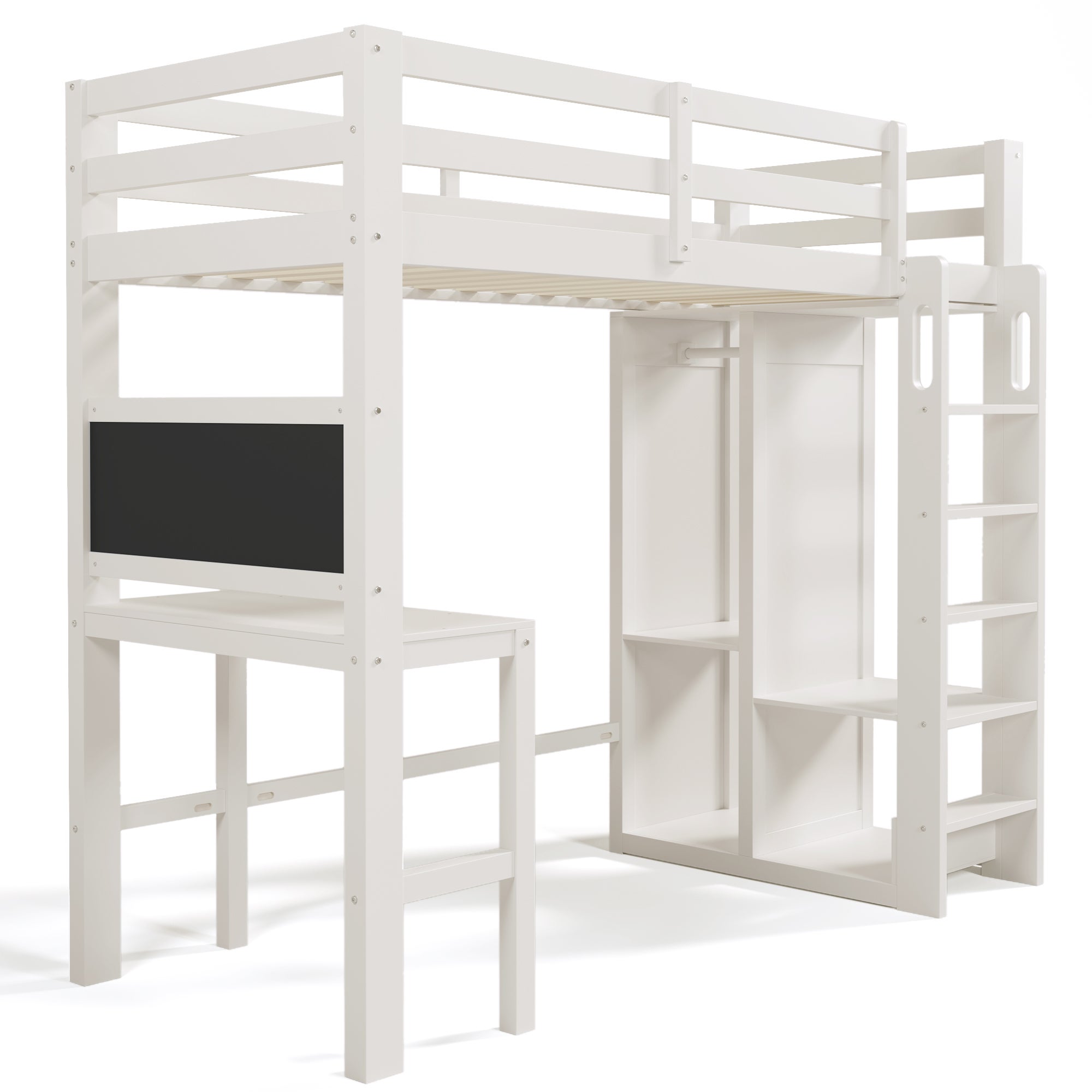 Lit mezzanine 90x200 cm en bois de pin - avec bureau, armoire et étagères - Blanc - 9