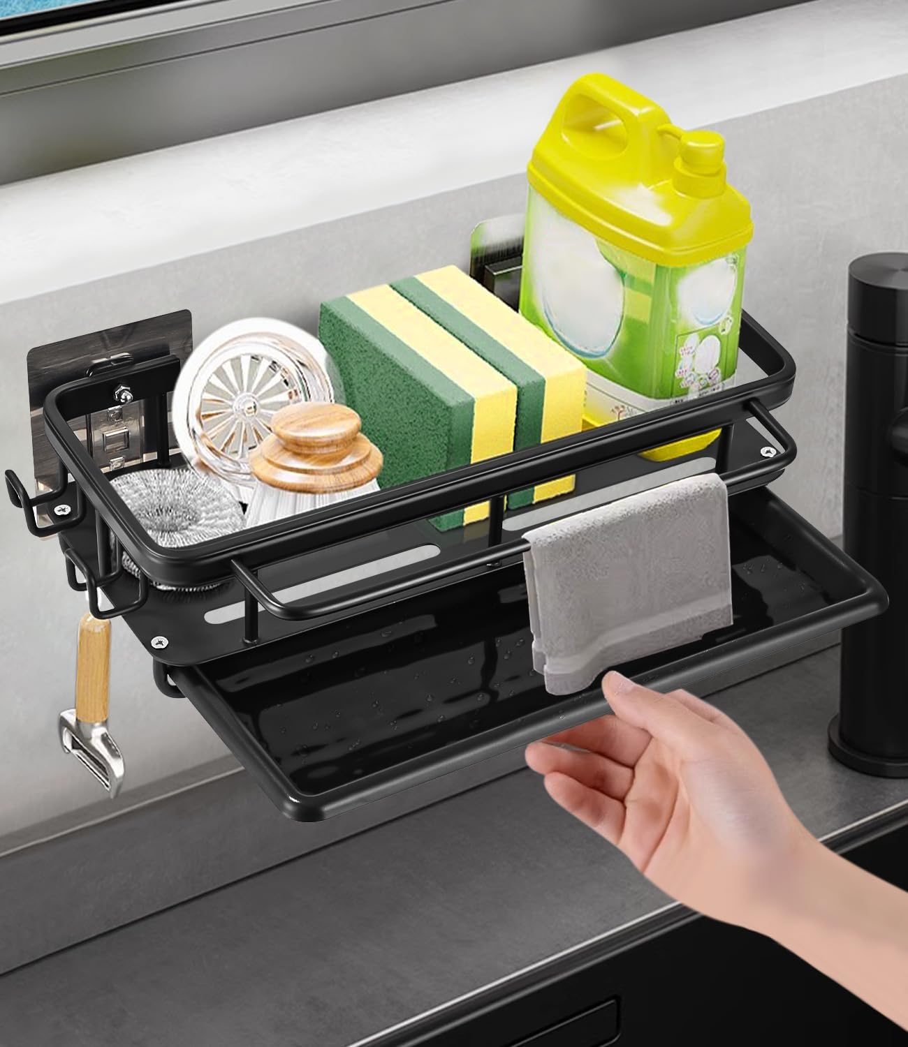 Stelaż ścienny na zlew kuchenny, Stelaż ścienny na odpływ kuchenny z 2 haczykami