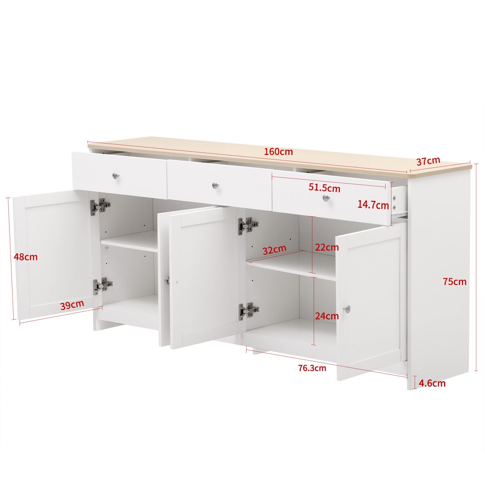 Buffet Bahut 160x37x75cm - Style Campagne Moderne avec 4 Portes et 3 Tiroirs - Plateau Effet Chêne et Corps Blanc - 4