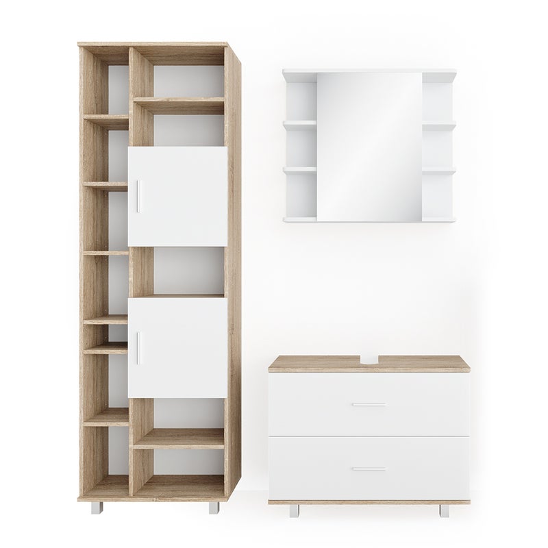 Vicco Zestaw mebli łazienkowych Ilias, Biały/Sonoma, 3 części, z szafką dolną 80 cm
