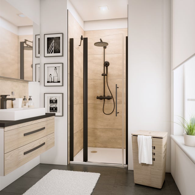 Schulte porte de douche pivotante, 90x192cm, avec paroi fixe, porte sur élément fixe, verre 5 mm, anticalcaire, transparent, noir, style industriel
