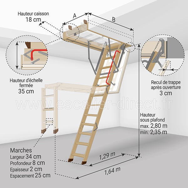 Echelle escamotable bois - Trémie de 70 x 140cm - Hauteur de 2.35 à 2.80m - LTK70140-2 - 2