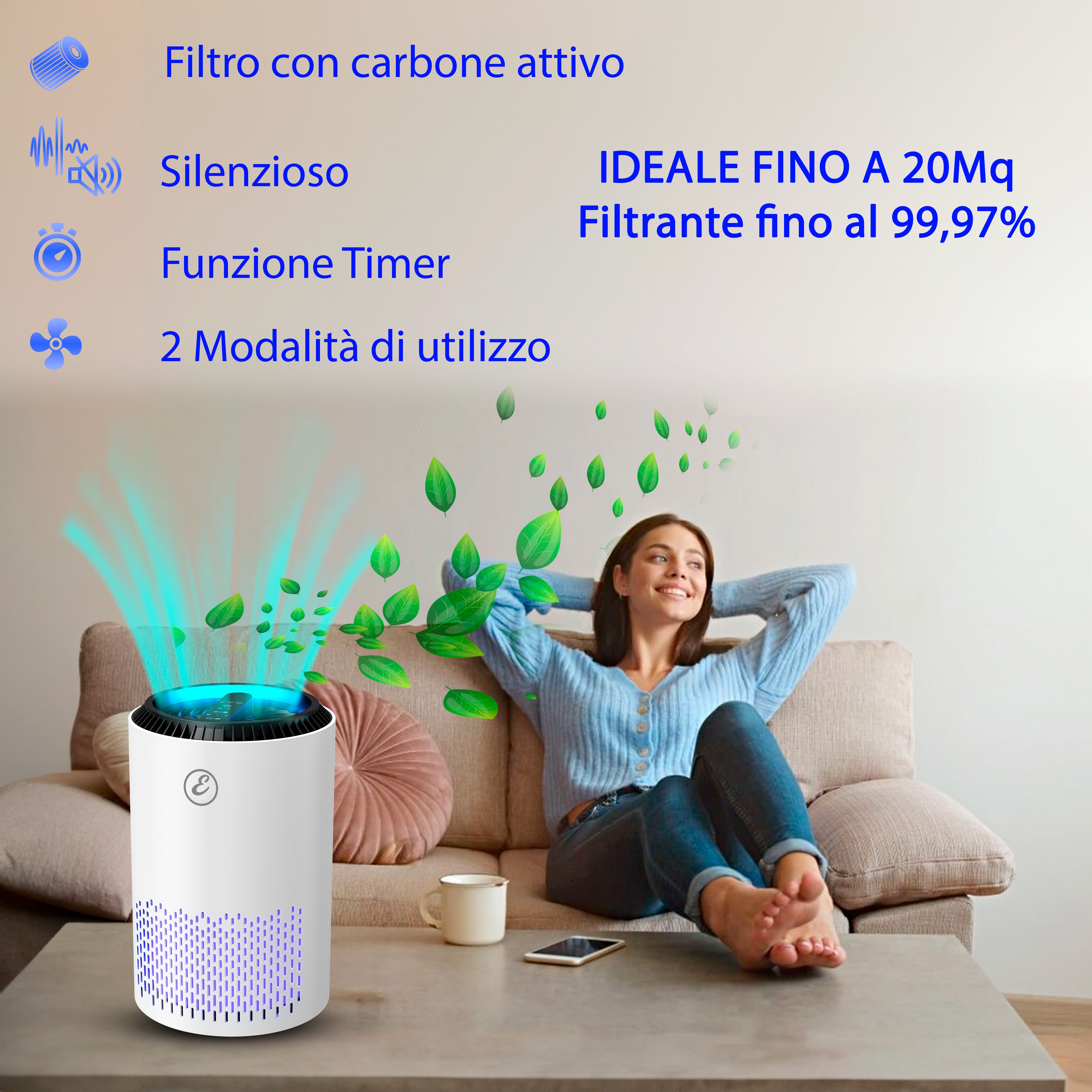 Purificatore Aria Portatile Air Purifier Filtro Hepa H13 22 Watt Elimina Odori Pollini Polvere Con Timer Camera Letto Soggiorno Bagno Ufficio 20 Mq - 5