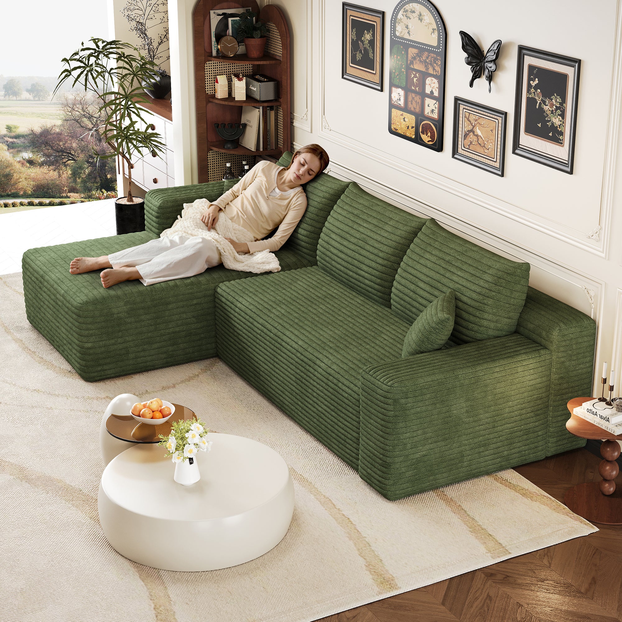 Canapé Modulaire compresse 241x151x58cm avec coussin, Canapé d'Angle Côté gauche Velours Côtelé avec méridienne, Assise Profonde,Canapé 3 Places Vert - 6