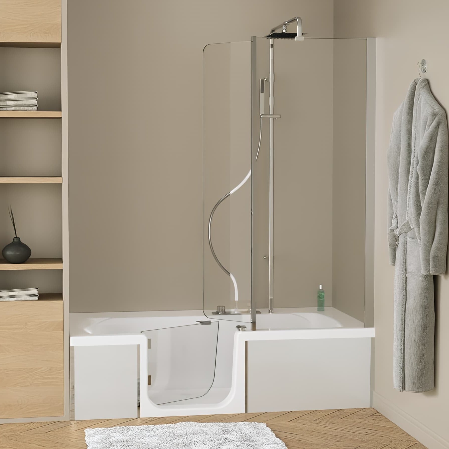 Baignoire à porte KINEDO 170x75 Duo PACK Design3 pose en niche espace bain à gauche espace douche à droite (tablier verre blanc coussin et vidage) - 2