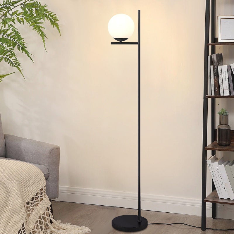NETTLIFE Przemysłowa lampa podłogowa - nowoczesna czarna z włącznikiem nożnym Metalowa lampa podłogowa z białego szkła E27 Vintage 2M kabel