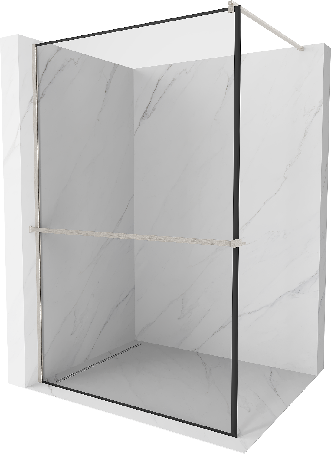 Mexen Kioto+ ścianka prysznicowa z półką Walk-in 70 x 200 cm, czarna ramka, nikiel szczotkowany - 800-070-121-97-70