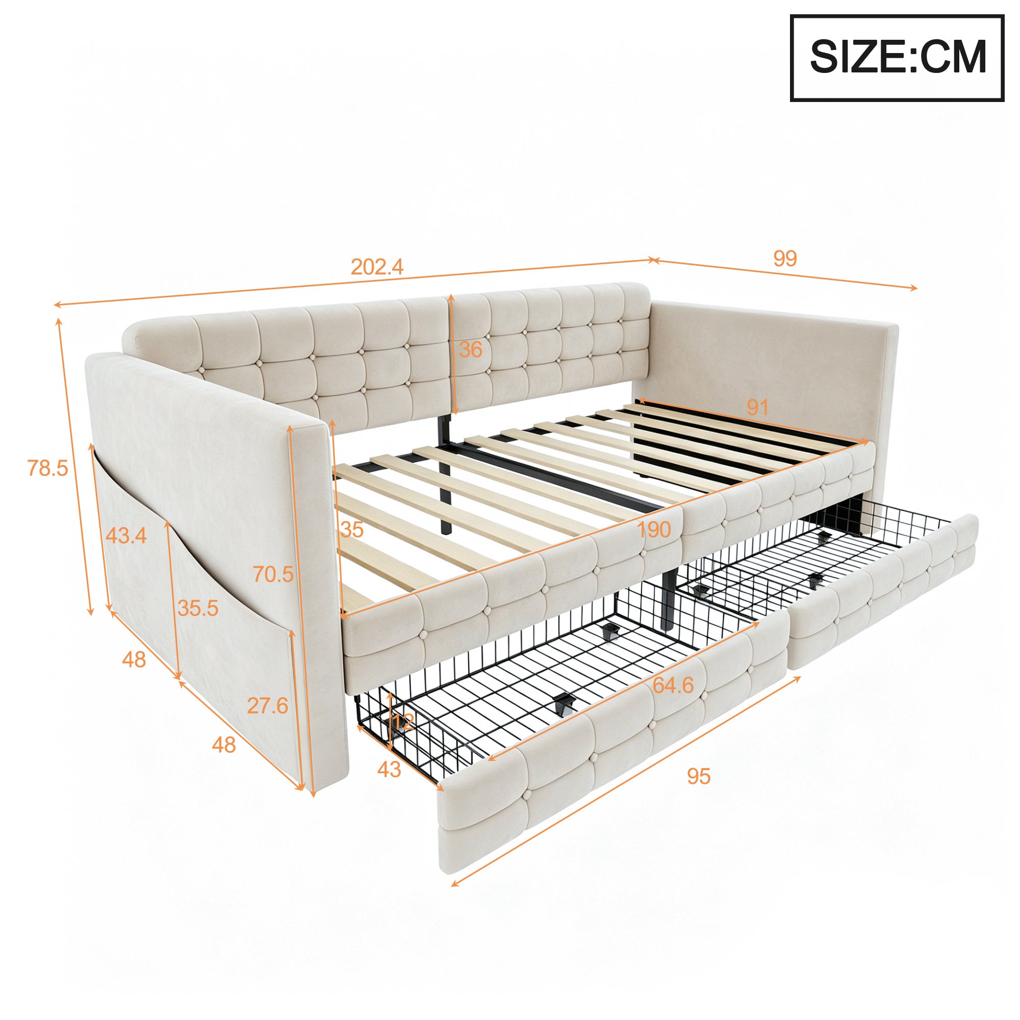 Sofa tapicerowana z funkcją spania 90x190cm - ze schowkami - z 2 szufladami - tkanina welurowa - kolor beżowy (materac nie jest wliczony w cenę) - 7