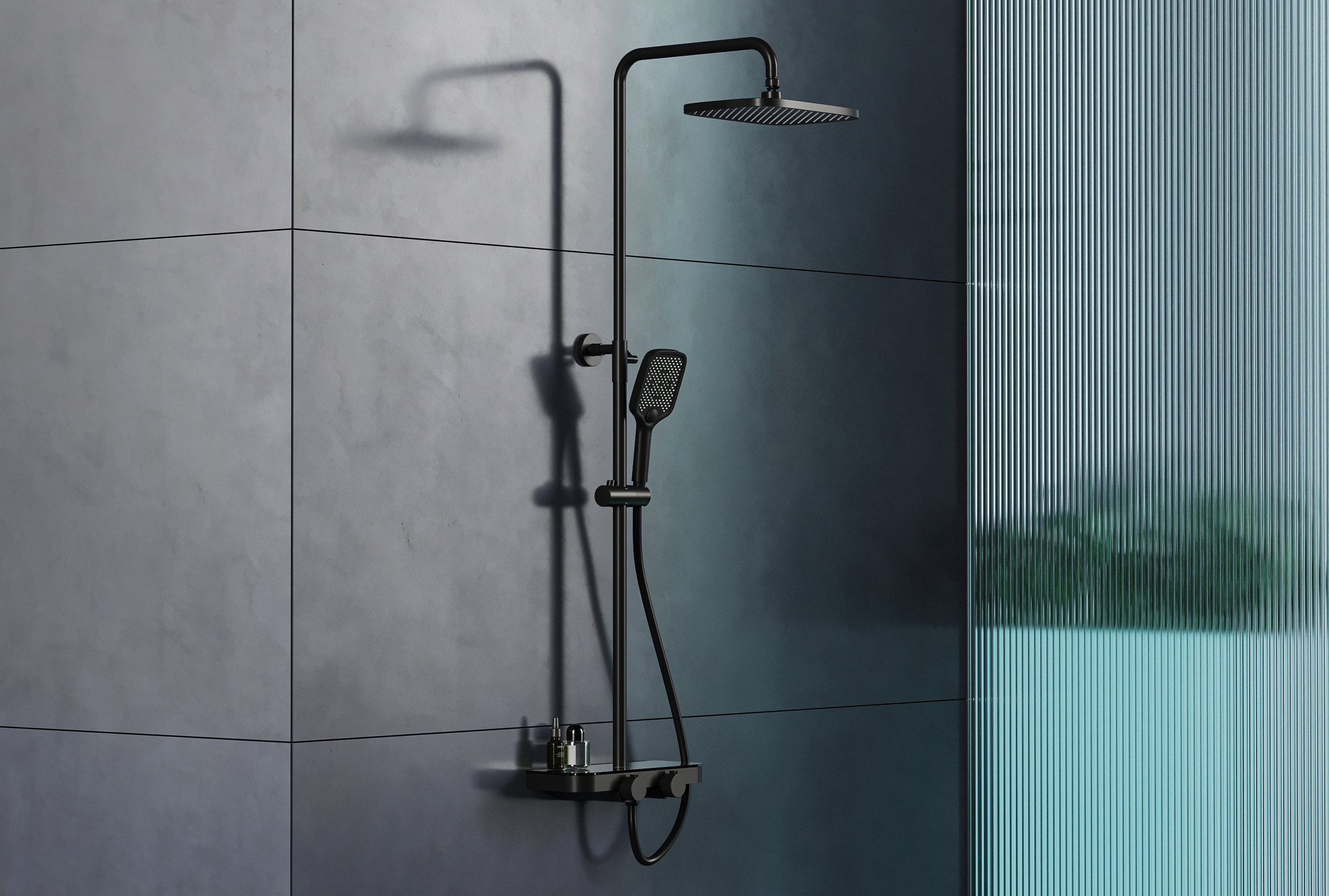 Bernstein - columna de ducha termostática regulable con repisa de acero inoxidable, grifo mezclador y rociador - negro mate - bs371 - cuadrada