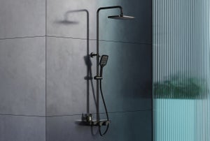 BERNSTEIN - Colonne de douche thermostatique hauteur réglable design + tablette acier inox + mitigeur et pommeau Carrés - Noir mat - BS371