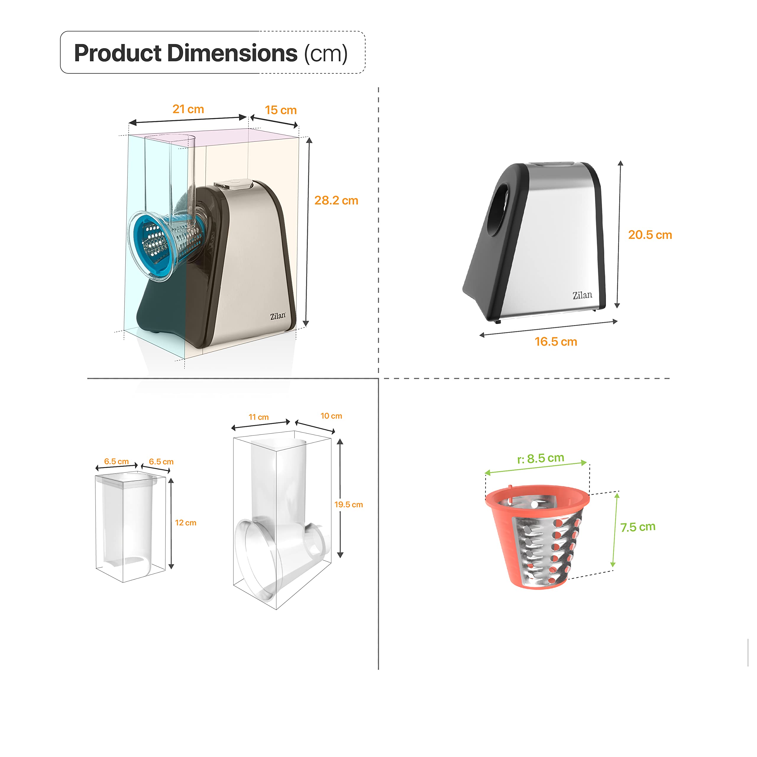 Affettaverdure Elettrico Zilan 4 In 1 - Tritatutto, Grattugia, Affettatrice E Pelatrice 200W - Foto 5