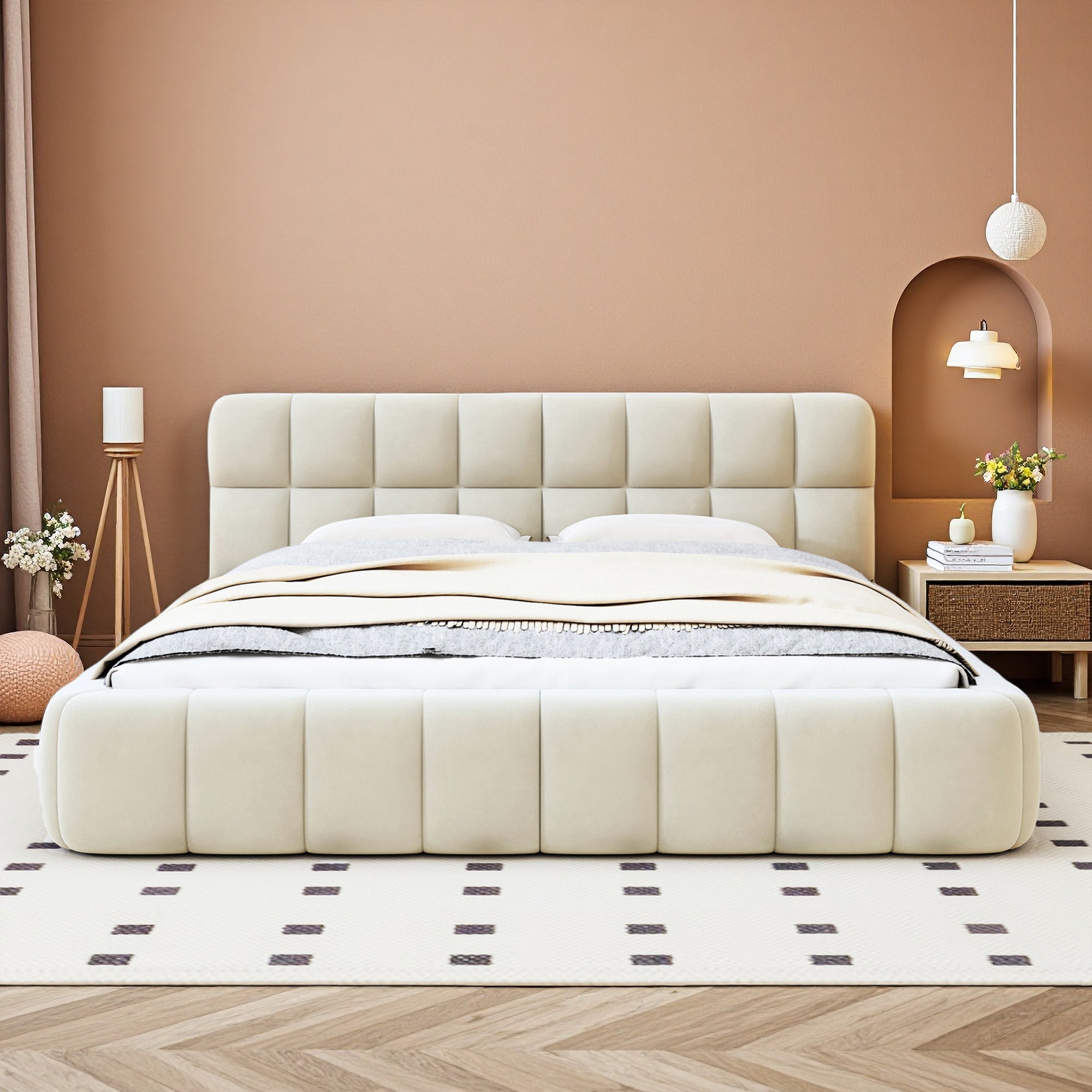 Lit 140x190 cm avec sommier à lattes, Style crémeux, tissu en lin, lit double, lit adulte, 140x190 cm, beige - 2
