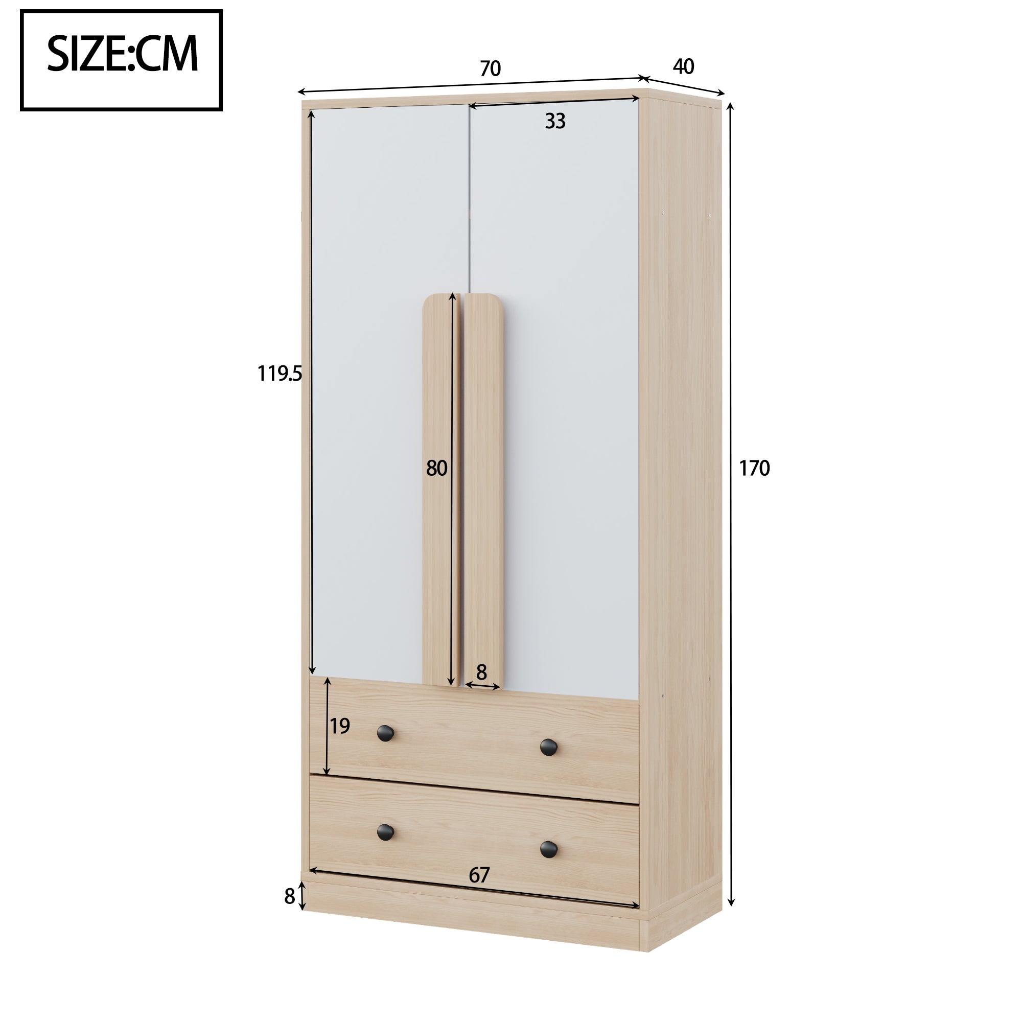 Armoire 2 portes 70 x 40 x 170 cm avec 2 tiroirs et grand rangement, bois naturel et blanc - 4