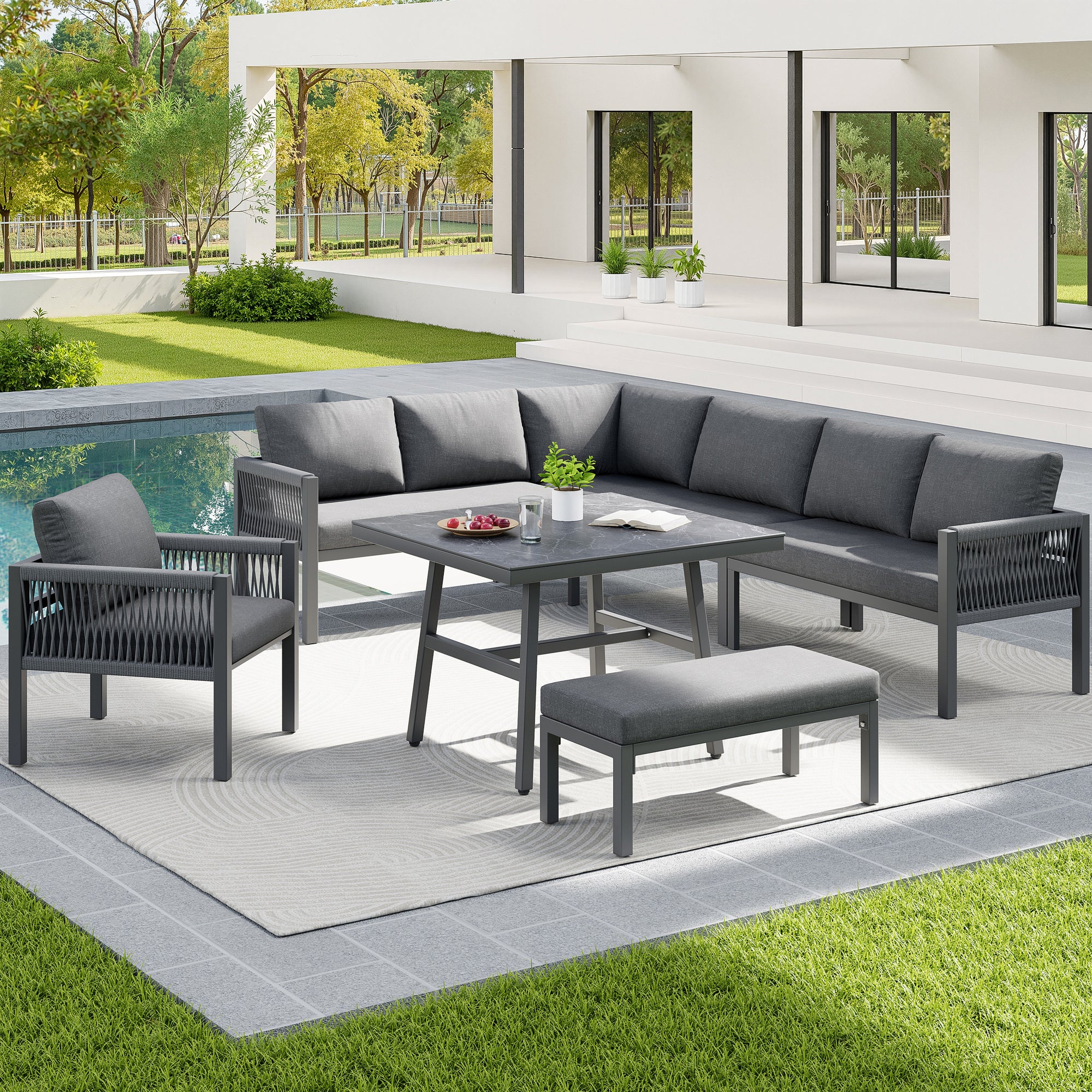 Conjunto Jardín Exterior de Trenzado a mano 9 Plazas Set Jardín en Forma de L con Sofá de Esquina+1 Mesa de Cristal Marmolado+1 Sillón+ 1 Banco - Gris - 3