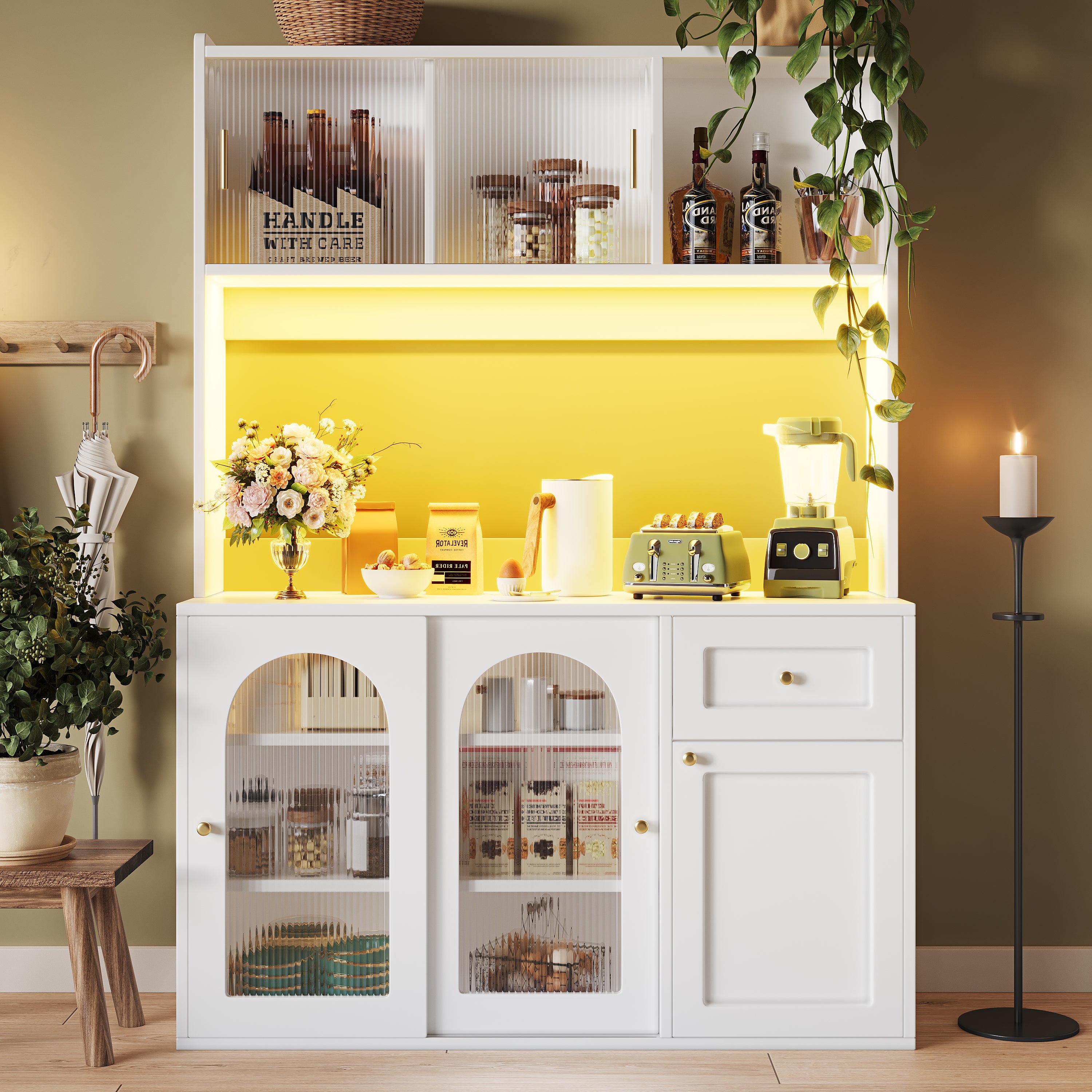Kredens kuchenny 120x35x167 cm - z oświetleniem LED - 1 szuflada i 5 drzwi - regulowane półki - biały