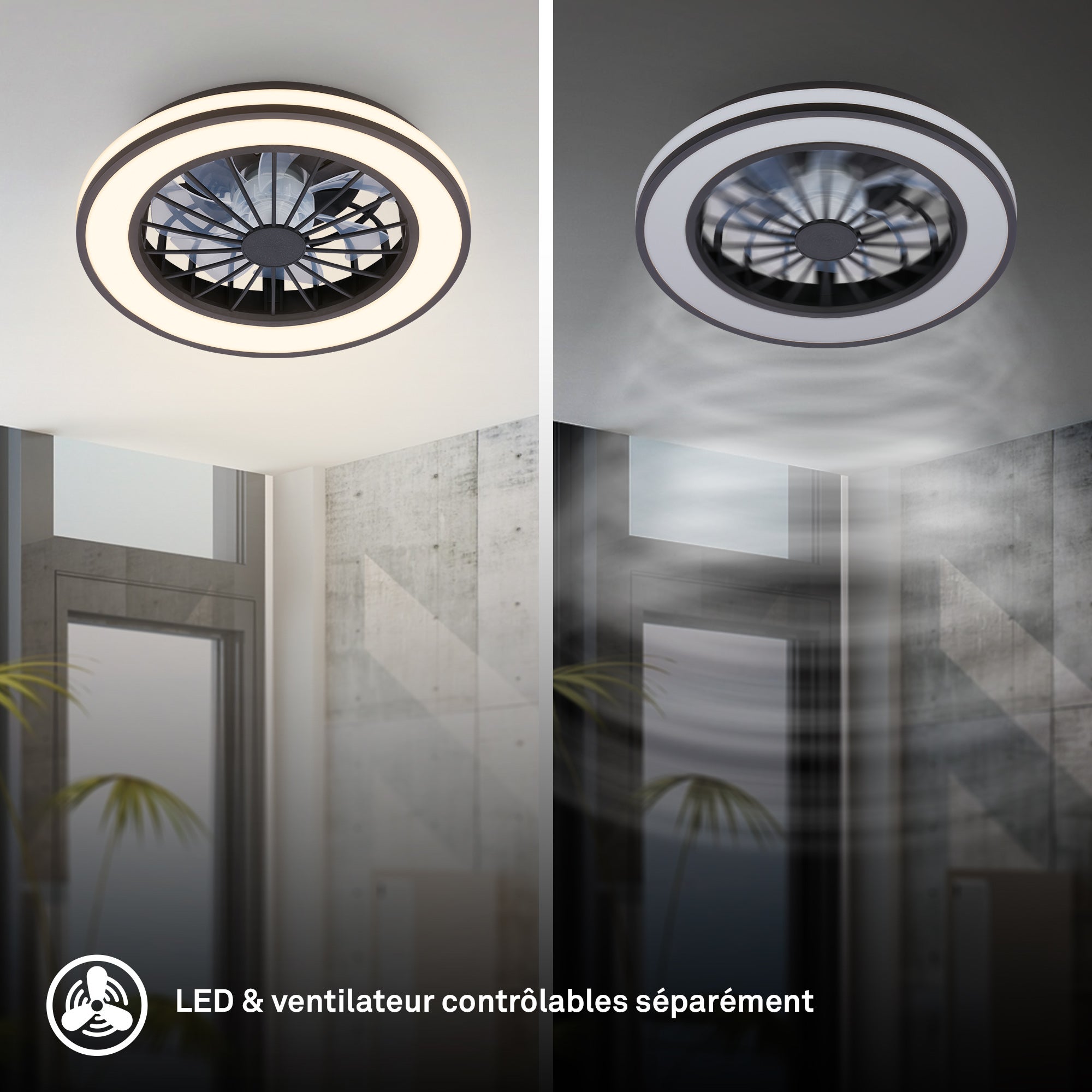 Plafonnier ventilateur LED CCT - Noir - 24W 2600lm - lustre ventilateur 15W - Ø380×140 mm - ventilateur plafond chambre - Briloner - 3