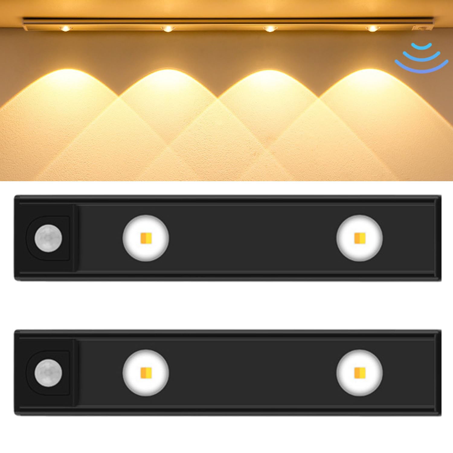 Zestaw 2 ultra-cienkich lamp LED ładowanych przez USB z czujnikiem ruchu, oświetlenie podszafkowe, 3 tryby oświetlenia (czarne, 20 cm)