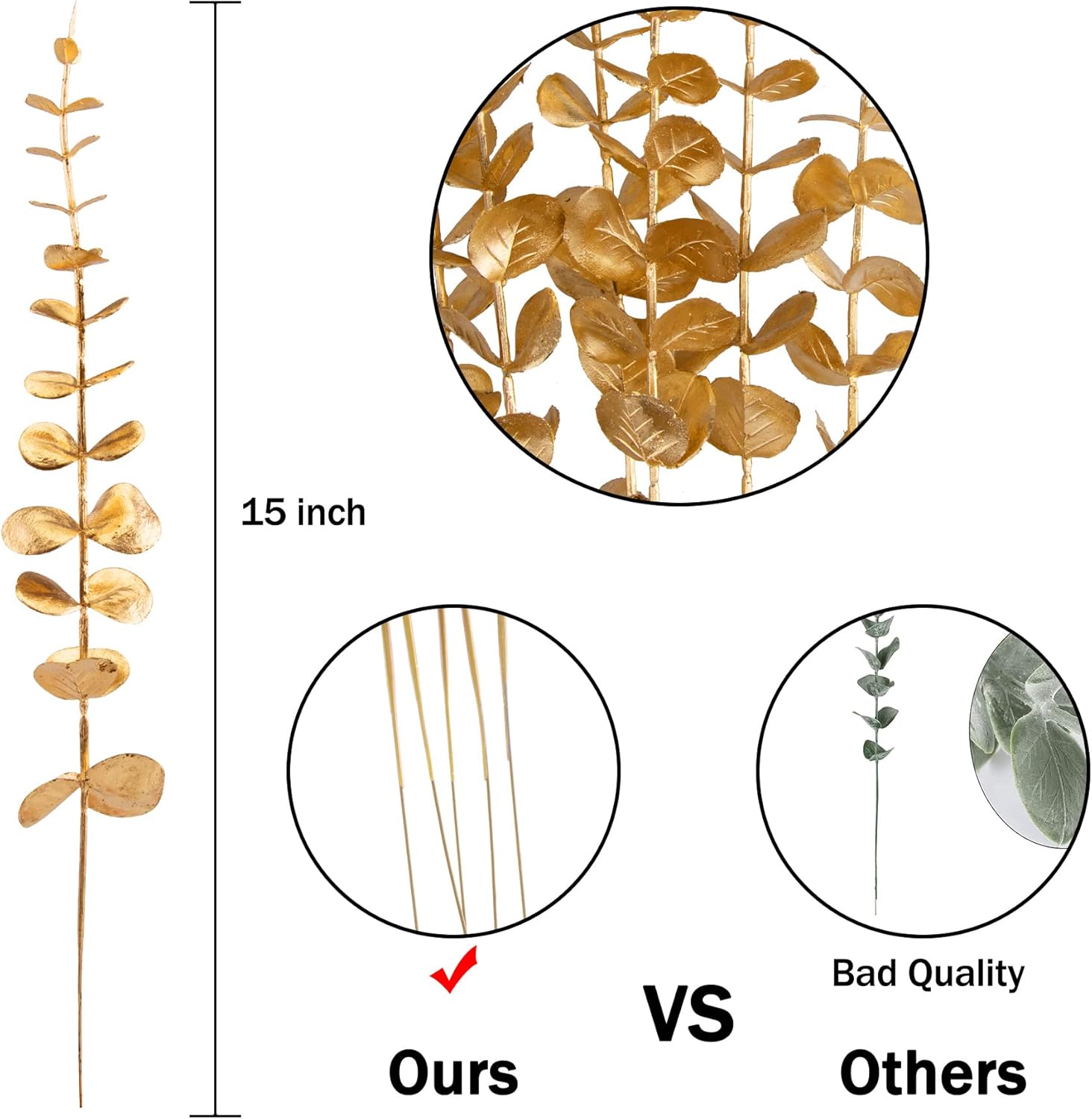 Lot de 24 tiges d'eucalyptus artificielles dorées, fausses feuilles décoratives pour bouquet de mariage, maison, ferme, vase, bricolage - 3