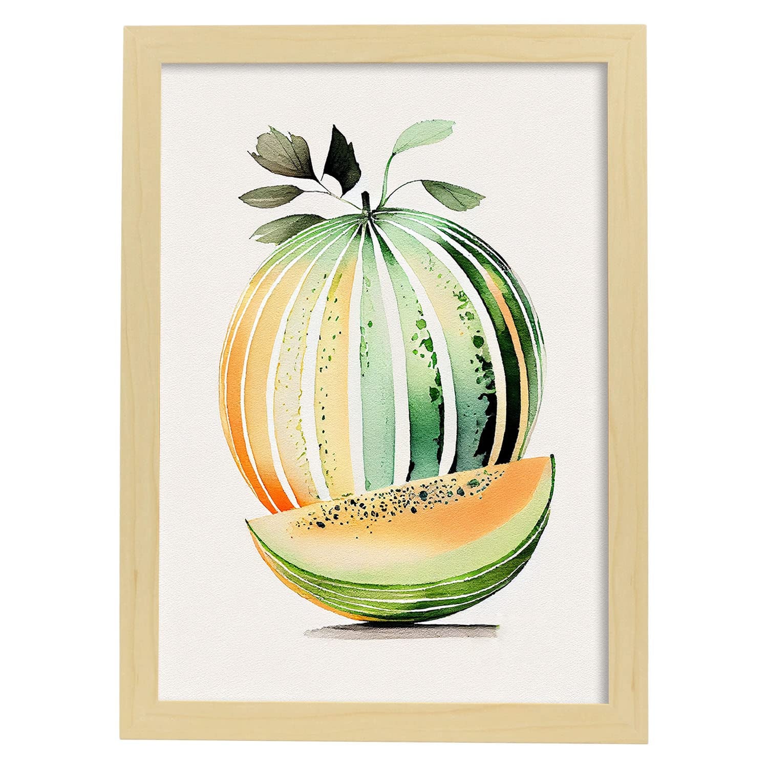 Nacnic poster de melón a todo color ilustraciones de frutas verduras y comida sana en estilo acuarela y modelo 2 a3 con marco de madera clara
