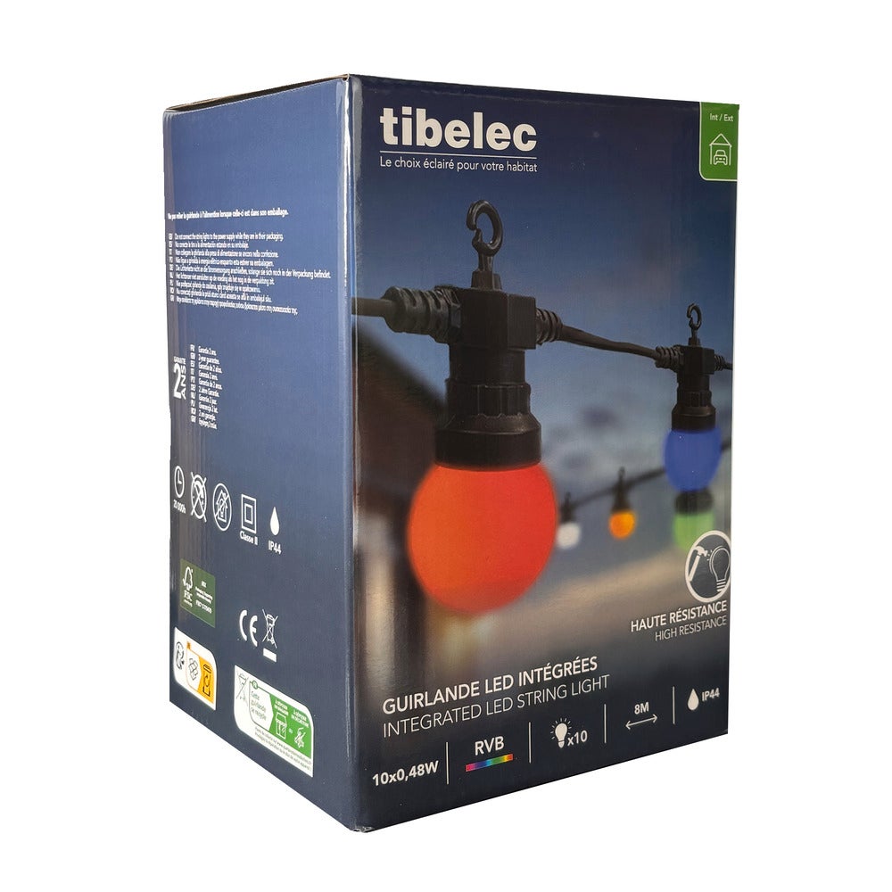 Guirlande Guinguette LED 8m, 10 ampoules multicouleur, 10 x 0,48W, 38 lumens, IP44, RVB - Tibelec - 4
