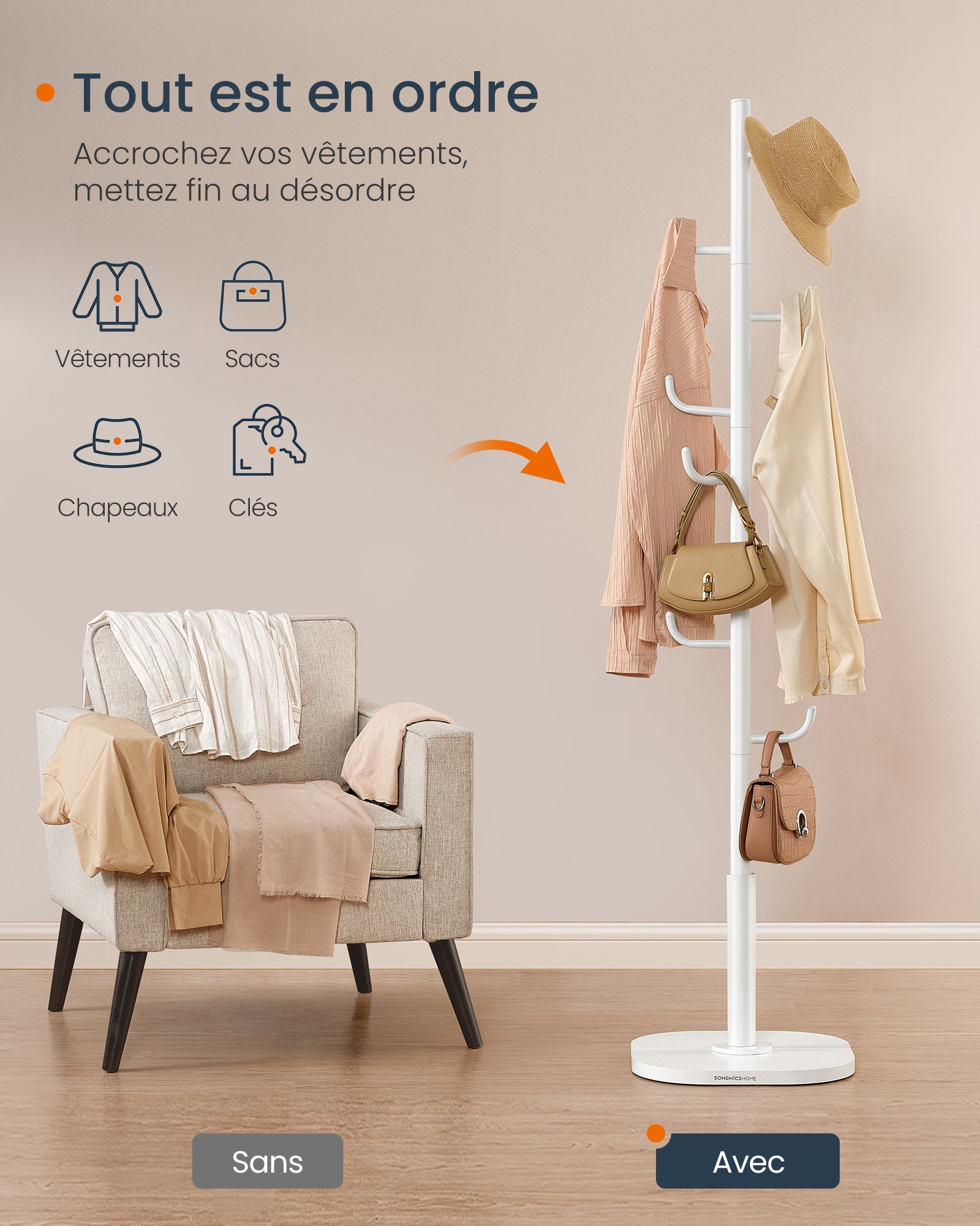 Portemanteau en Forme de Cactus,8 Crochets avec Extrémités Recourbées vers le Haut, Hauteur 175,3 cm, pour Vêtements, Chapeaux, Blanc Nuage - 3