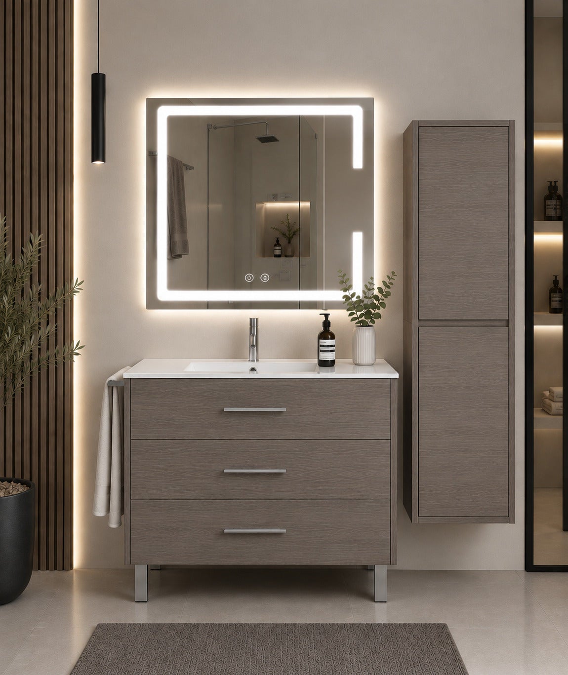 Mobilier de baie cu lavoar ORIGENBATH RIBERA fără oglindă 120x45 cm stejar smoky cu coloană