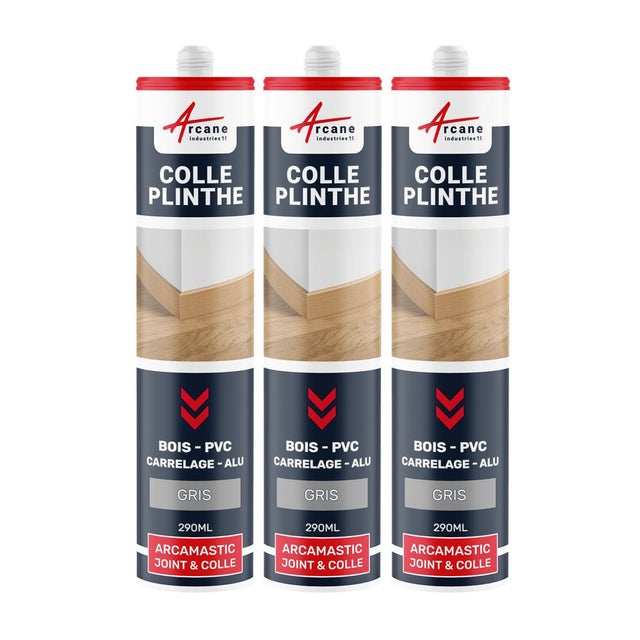 Mastic Colle Plinthes bois, carrelages, parquet, marches : ARCAMASTIC JOINT ET COLLE Gris securité - RAL 7004 - 290 ml x 3 - ARCANE INDUSTRIES
