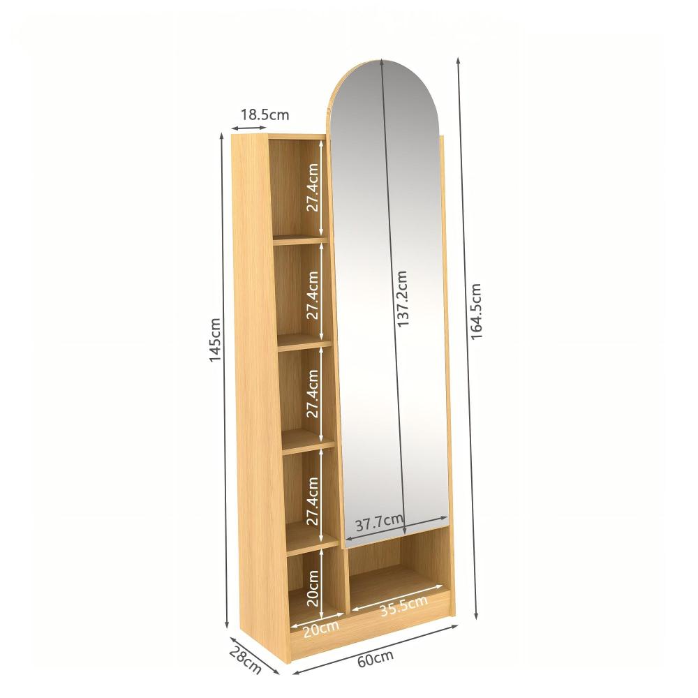 Armoire à chaussures avec miroir, colonne avec rangement et étagères réglables, bois naturel - 4