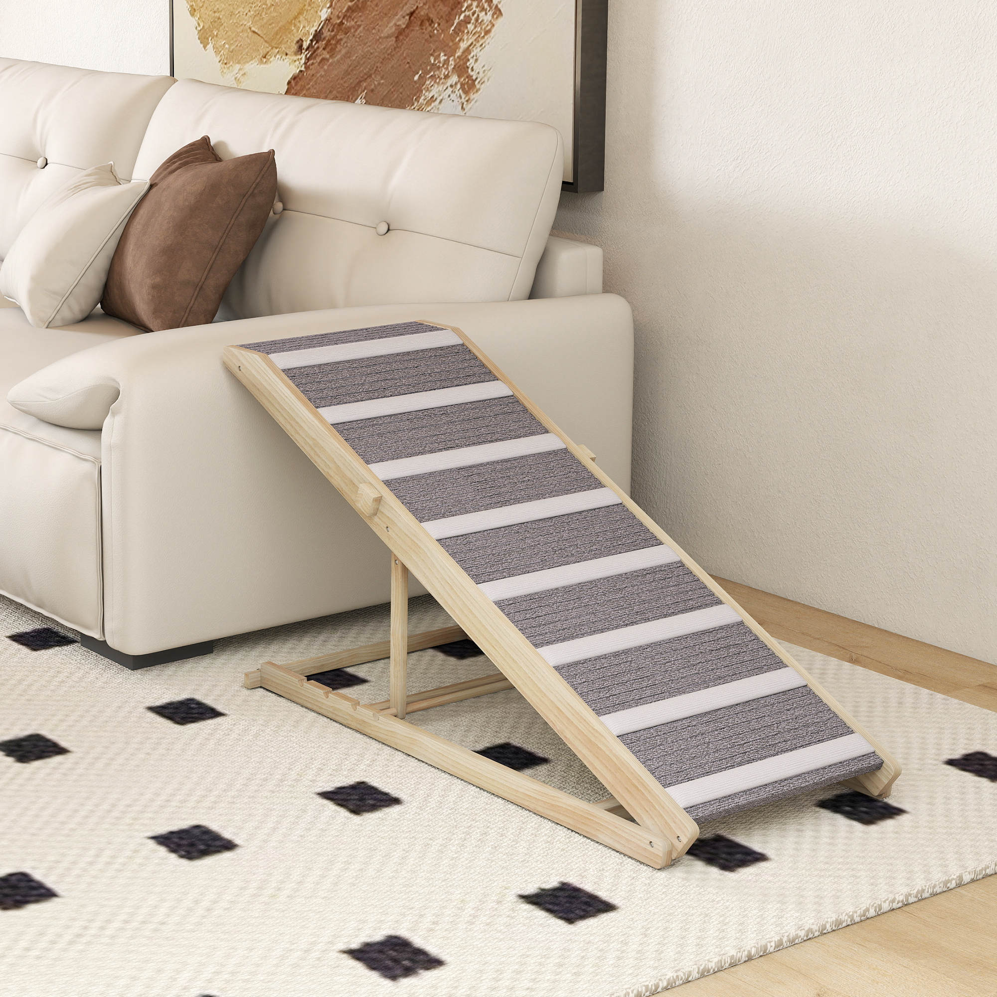 Rampa para Perros PawHut Madera de Pino, Tela de Alfombra Madera Natural y Gris 120x50x60 cm D06-283V01ND - 4