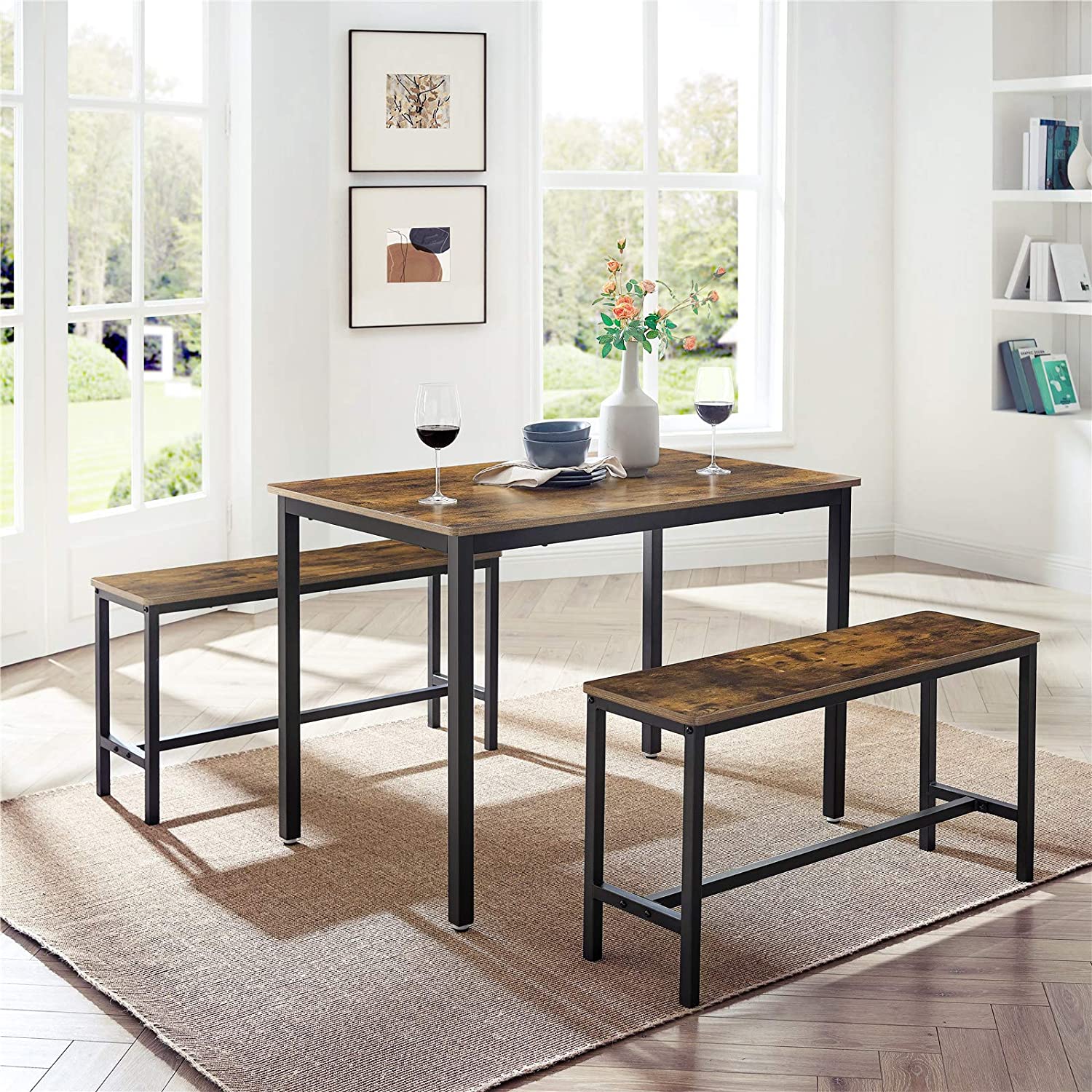 Ensemble Table + 2 Bancs Style Industriel - 110x70 Cm, Chêne Sonoma Et Acier Noir | Salle à Manger Scandinave