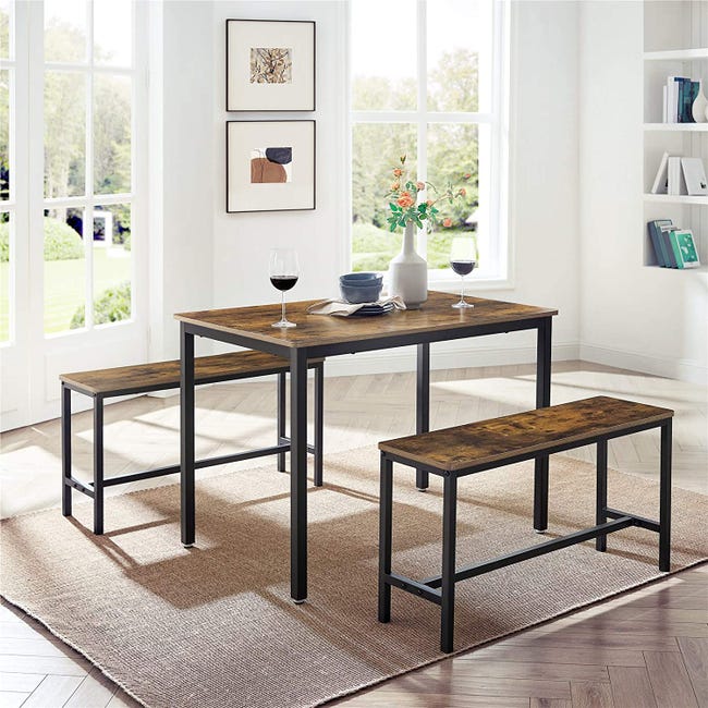 Ensemble Table + 2 Bancs Style Industriel - 110x70 Cm, Chêne Sonoma Et Acier Noir | Salle à Manger Scandinave