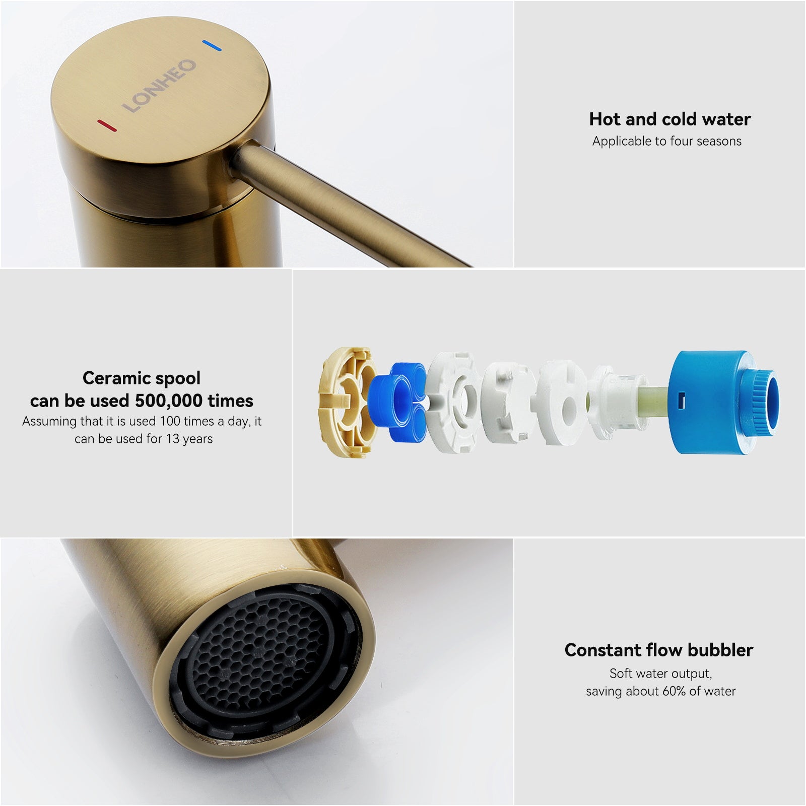 Mitigeur de Lavabo Doré Rotatif à 360° Robinet Lavabo Eau Chaude/Froide Robinet de Salle de Bain avec Barboteur Démotable, en Acier Inoxydable - 6
