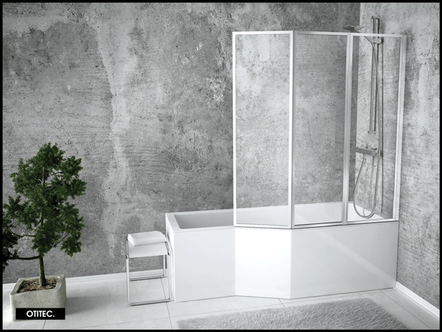Baignoire asymétrique de 170 x 75 cm - Blanc - Droite - avec Pare Baignoire 3 Volets - INTEGRA