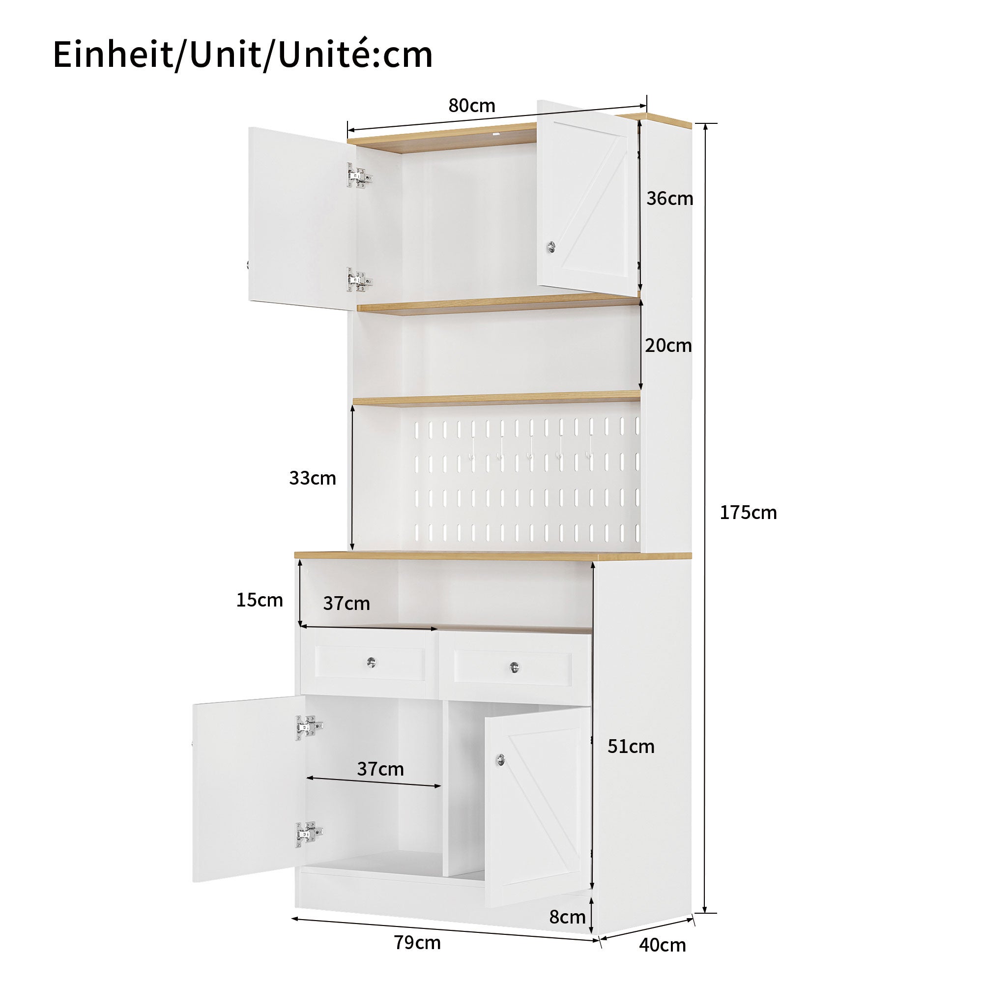 Nowoczesna komoda 80x40x175 cm - Z 2 szufladami i 4 drzwiami - Z perforowanym panelem - Płyta MDF + płyta wiórowa - Biały i naturalny - 4