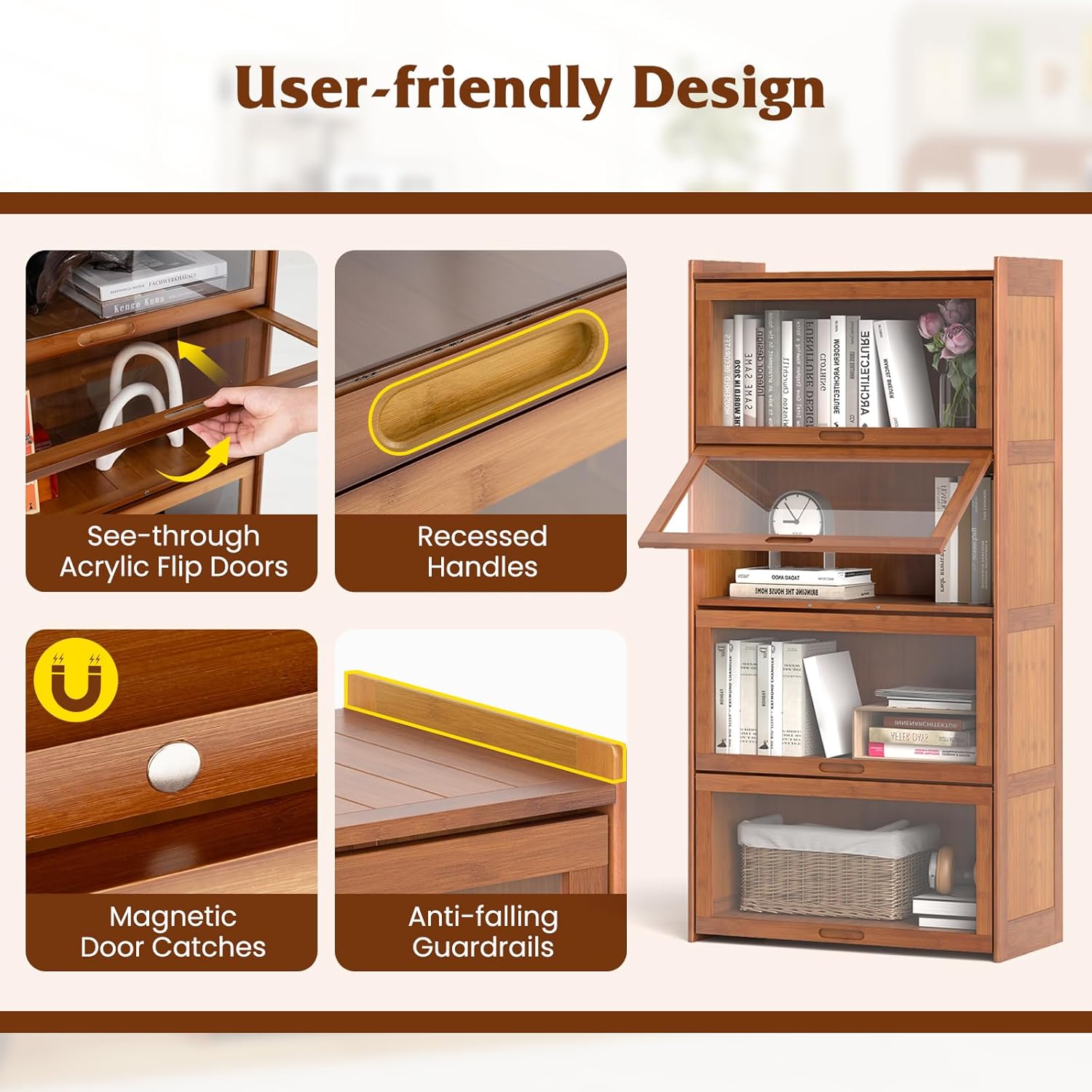 Bibliothèque à 4 Niveaux avec Portes, Étagère en Bambou de 140 cm avec Portes en Acrylique Transparent, pour Bureau, Salon, Chambre (Marron) - 9