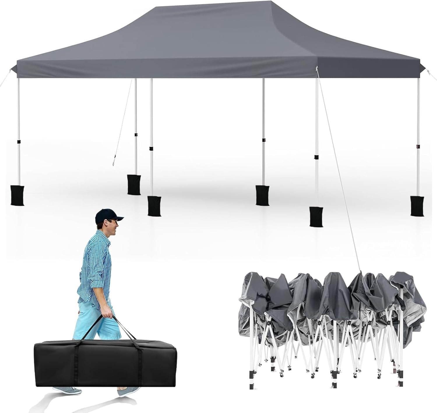 Altana Ogrodowa 3x6 m, Składana, z Regulowaną Wysokością, Torba Transportowa, 6 Worków z Piaskiem, Przenośny Pawilon na Wesela, Pikniki, Szary